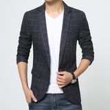 夏季青少年西服男修身商务格子小西装套装学生韩版潮休闲外套上衣