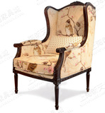 美式实木布艺单人沙发椅简约实木老虎椅法式复古书房实木休闲椅
