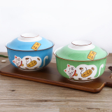 聚可爱 日式陶瓷碗手绘大号家用汤碗学生餐具带盖创意泡面碗