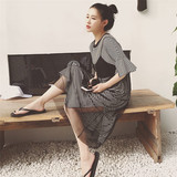 夏季女装新款韩版宽松中长款黑白条纹短袖t恤上衣+蕾丝吊带裙套装