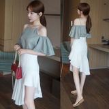 韩国代购2016夏季新款荷叶袖漏背衬衫 不规则连衣裙两件套套装女
