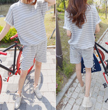 2016夏季新款女韩版宽松显瘦纯棉薄款条纹T恤短裤休闲运动套装女