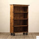 美式实木书柜loft带轮储物柜办公室书柜展示柜复古做旧客厅置物柜