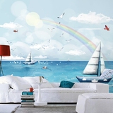 手绘地中海儿童房墙纸壁画 海上帆船彩虹浪漫卡通卧室背景墙壁纸