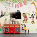 手绘儿童房墙纸男女孩长颈鹿卡通动物卧室背景墙壁纸幼园大型壁画