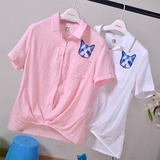 2016夏季新品口袋猫咪宽松显瘦短袖衬衫 女韩版棉麻纯色百搭上衣