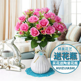 客厅卧室房间摆放装饰仿真花假花绢花陶瓷花瓶花艺套装礼物玫瑰