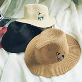 韩国刺绣猫草帽夏日沙滩帽子防晒遮阳帽韩版潮男女出游英伦小礼帽