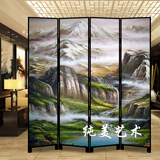 新中式现代手绘名家山水漆画折叠隔断屏风酒店前台办公室背景墙画