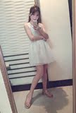 2016夏季韩版修身小清新欧根纱无袖条纹连衣裙蓬蓬裙