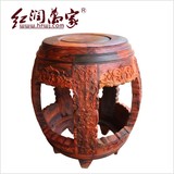红木凳子 实木圆凳 实木鼓凳 老挝大红酸枝原木色 圆凳雕花实古凳