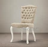 美式乡村实木亚麻布艺拉扣椅子法式复古做旧白色布艺餐椅简约书椅
