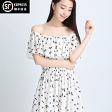 夏季新款韩版女装韩国印花短袖一字领露肩雪纺连衣裙荷叶边长裙潮