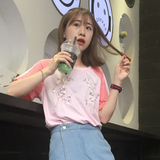 夏季女装韩版小清新花朵刺绣宽松短袖t恤学生粉色百搭上衣体恤潮
