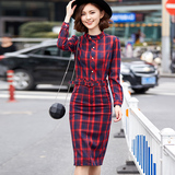 春秋装新款女装韩版气质修身格子衬衫裙中长款腰带收腰长袖连衣裙