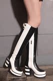欧美时尚黑白拼色高筒靴罗马款长靴粗高跟英伦骑士靴 马丁靴子