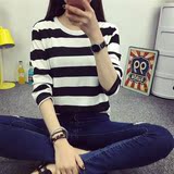 2016春季新款女装宽横条纹体恤打底衫学生长袖t恤女韩版大码上衣