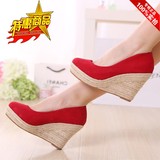 韩版新款女夏季高跟松糕厚底坡跟单鞋粗跟防水台红色婚鞋浅口女鞋