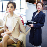 2016秋装新款韩版条纹系带女士风衣中长款修身名媛长袖气质外套女