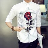 韩国流行胸前玫瑰花设计修身中袖衬衫男英伦百搭五分袖衬衣男半袖