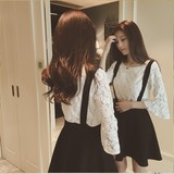 2016春装新款韩版荷叶边袖蕾丝衫时尚套装修身半身背带裙两件套女