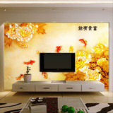 中式牡丹九鱼大型无缝壁画3d立体定制壁纸客厅卧室电视背景墙纸