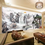 无缝迎客松山水大型壁画现代中式水墨 电视背景墙纸客厅沙发壁纸
