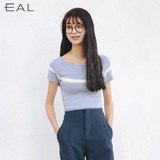 EAL韩国2016夏季冰丝针织上衣 学生文艺修身撞色一字领短袖T恤 女