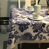 中式古典蓝色饭桌巾 餐桌布布艺棉麻茶几桌布 长方形台布书桌布琉