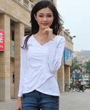 韩版女装衣服2015春季新款小衫大码t恤女款打底衫长袖V领潮流