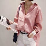 韩国代购直邮夏季长袖浅粉色亚麻女衬衫学院风衬衣前短后长不规则