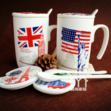 创意国旗陶瓷杯子带盖马克杯磨砂烤瓷水杯个性咖啡杯卡通茶杯包邮