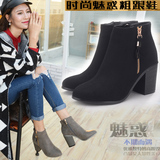 2016韩版新款短靴圆头粗跟高跟秋冬靴时尚原单外贸休闲学生靴子女