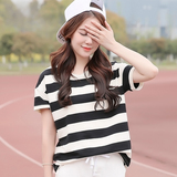夏季韩版初中高中学生黑白粗条纹短袖t恤纯棉少女青少年宽松夏装