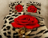 3D立体豹纹四件套纯全棉红色玫瑰花床上用品床单被套新结婚庆礼品