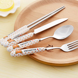 陶瓷韩式创意不锈钢学生餐具 可爱刀叉筷子长柄小勺子便携
