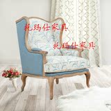 新款时尚实木布艺沙发椅美式复古做旧洽谈椅欧式样板房单人椅沙发