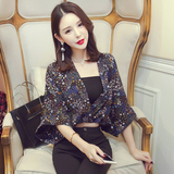 2016夏装新款韩版女装性感宽松蝙蝠袖七分袖时尚印花雪纺衫上衣女