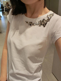 意大利pinko夏季钻领精致短袖T恤纯棉钉珠上衣女装修身白色镶钻