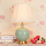 新中式创意古典青色景德镇陶瓷花雕纹客厅卧室床头灯布艺全铜台灯