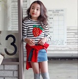 2016新款韩国同步童装女童套头草莓毛衣春款儿童全棉条纹针织衫潮