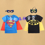 2016新款男童纯棉短袖T恤带披风夏装衣服超人蝙蝠侠眼罩儿童潮宝