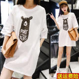韩版夏装卡通字母印花纯棉体恤宽松大码中长款白色短袖t恤女中袖