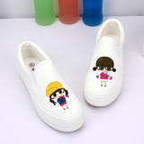 2016春季新款韩版潮白色低帮厚底平跟套脚一脚蹬涂鸦女学生帆布鞋