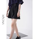 VNOOK2016夏季新品 黑色金属圆扣高腰荷叶皱褶叠位半身A字裙 女