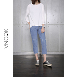 VNOOK2016夏季新品 洗水蓝破洞划破毛边休闲直筒牛仔八分裤 女
