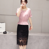 棉麻拼接蕾丝假两件连衣裙2016韩版时尚中长款夏季气质修身一步裙