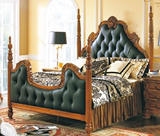 爆款美式家具实木雕花婚床进口头层牛皮床欧式1.8米皇后床软包床