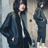 韩国外贸女装春秋新款潮款复古刺绣黑色短款棒球服拉链外套开衫女