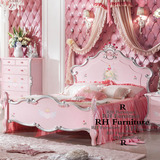 RH出口美式乡村橡木实木双人床意式手绘粉色公主床卧室婚床可定制
